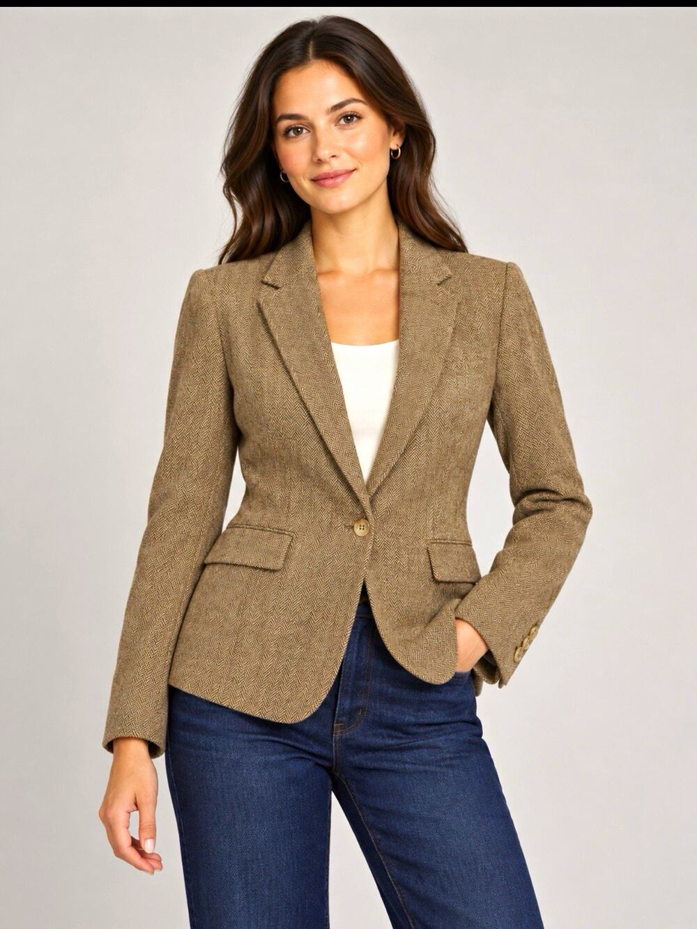 Lauren Ralph Lauren Blazer Womens 8 Brown Herringbone Tailored Academia Preppy